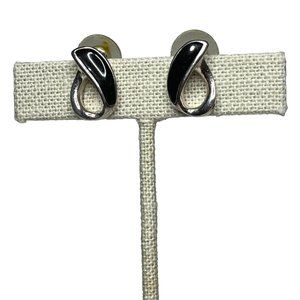 Vintage Trifari Silver-Tone & Black Enamel Stud Post Earrings